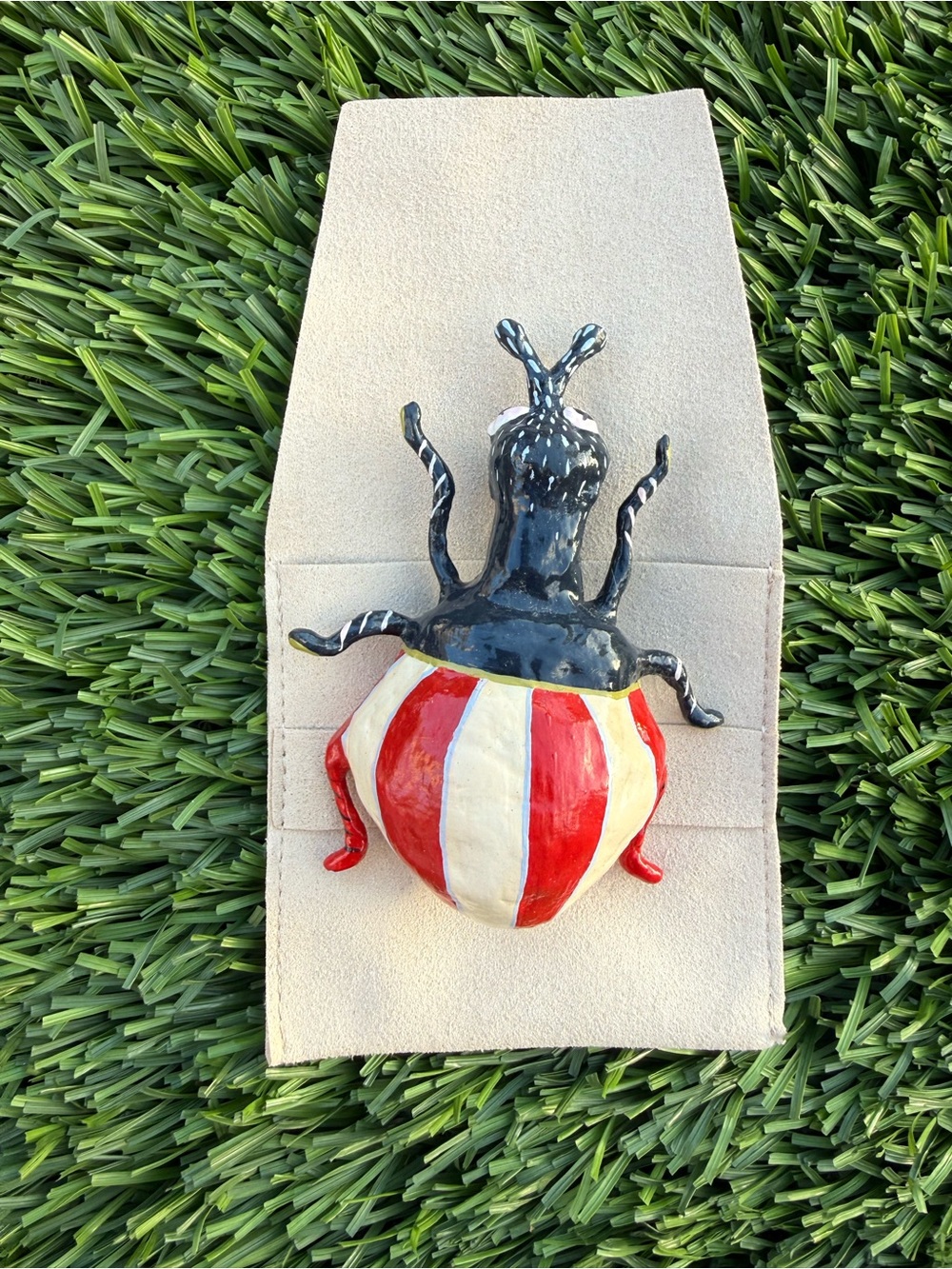 Hand Crafted Red and Cream Striped Beetle Brooch